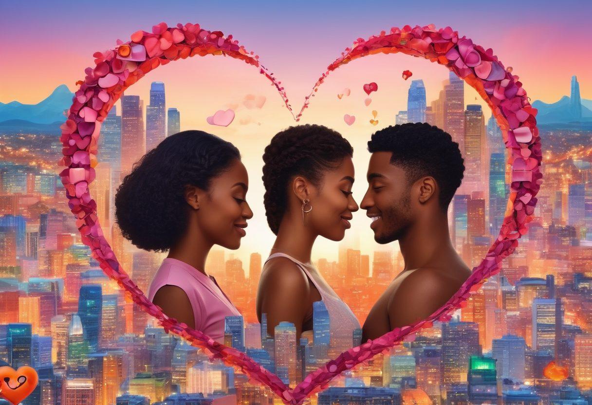 A whimsical collage of modern dating scenes, showcasing diverse couples engaging in flirtatious interactions, heart-shaped emojis, and digital communication icons, all set against a vibrant backdrop of cityscapes and romantic settings. Elements symbolizing sexual wellness, such as wellness products and self-care icons, subtly integrated around the edges, reflecting the journey of love and intimacy. soft focus. vibrant colors. 3D.