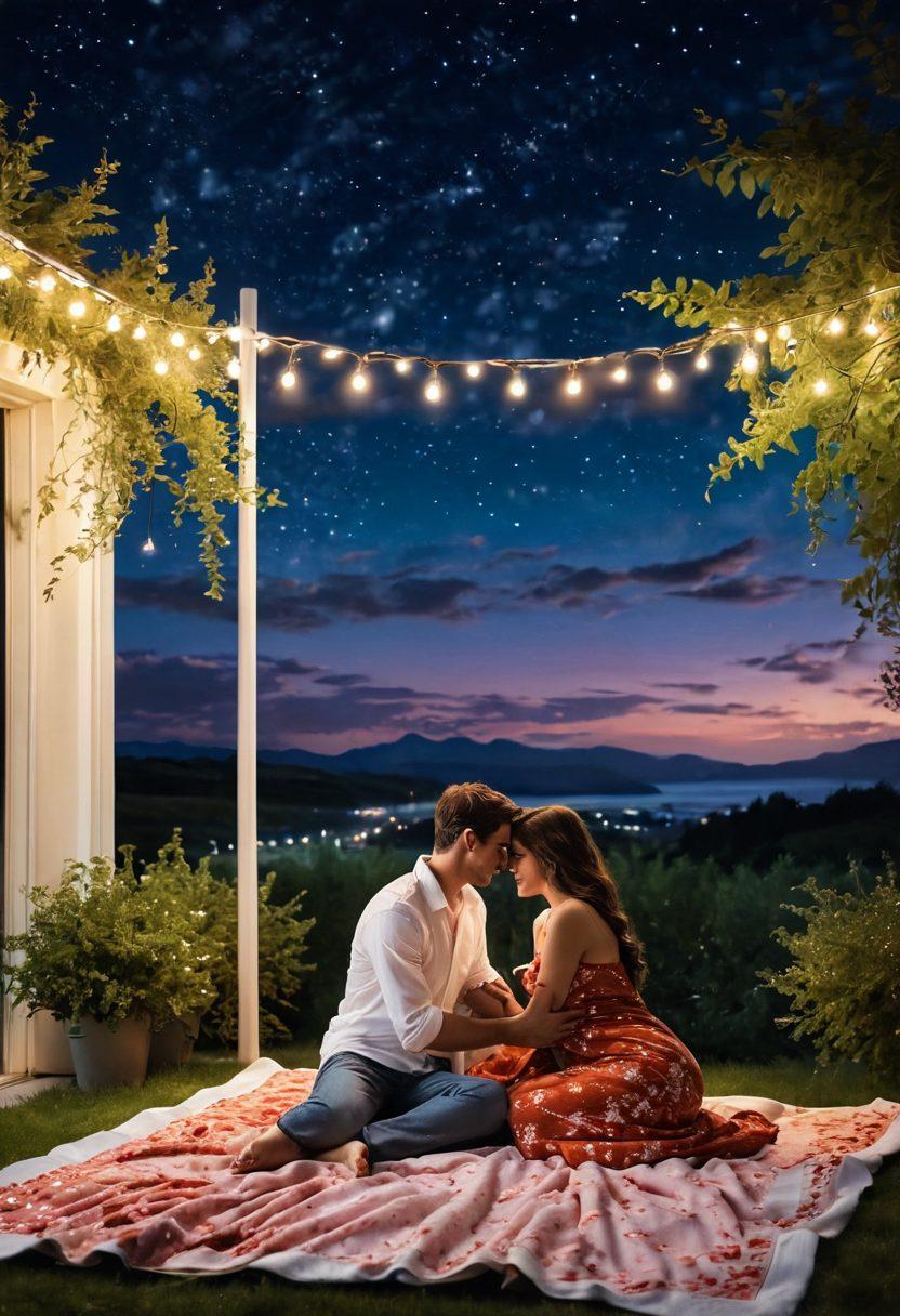 A serene and intimate scene showcasing a couple sharing a heartfelt moment under a starlit sky, surrounded by soft glowing lights. Elements of romance, such as delicate flowers and a cozy blanket, enhance the atmosphere, while symbols of intimacy like intertwined hands and warm smiles convey deep connection. The background subtly transitions from dusk to night, illustrating the journey of love and passion. super-realistic. vibrant colors. dreamy atmosphere.